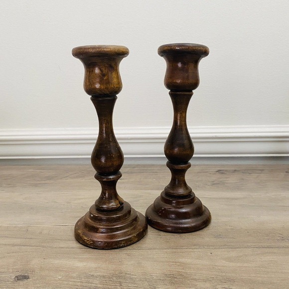 Hallmark Accents Vintage Wooden Candlesticks Pair Country Boho